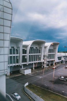 Aerial view of modern architecture at Kuala Lumpur International Airport, Malaysia.