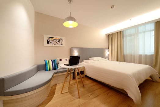 Free stock photo of light, hotel, laptop, bed