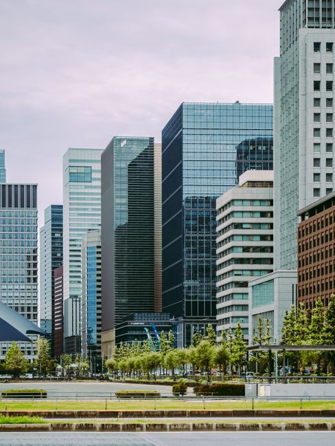 Contemporary urban skyline in Chiyoda City, Tokyo with modern skyscrapers.