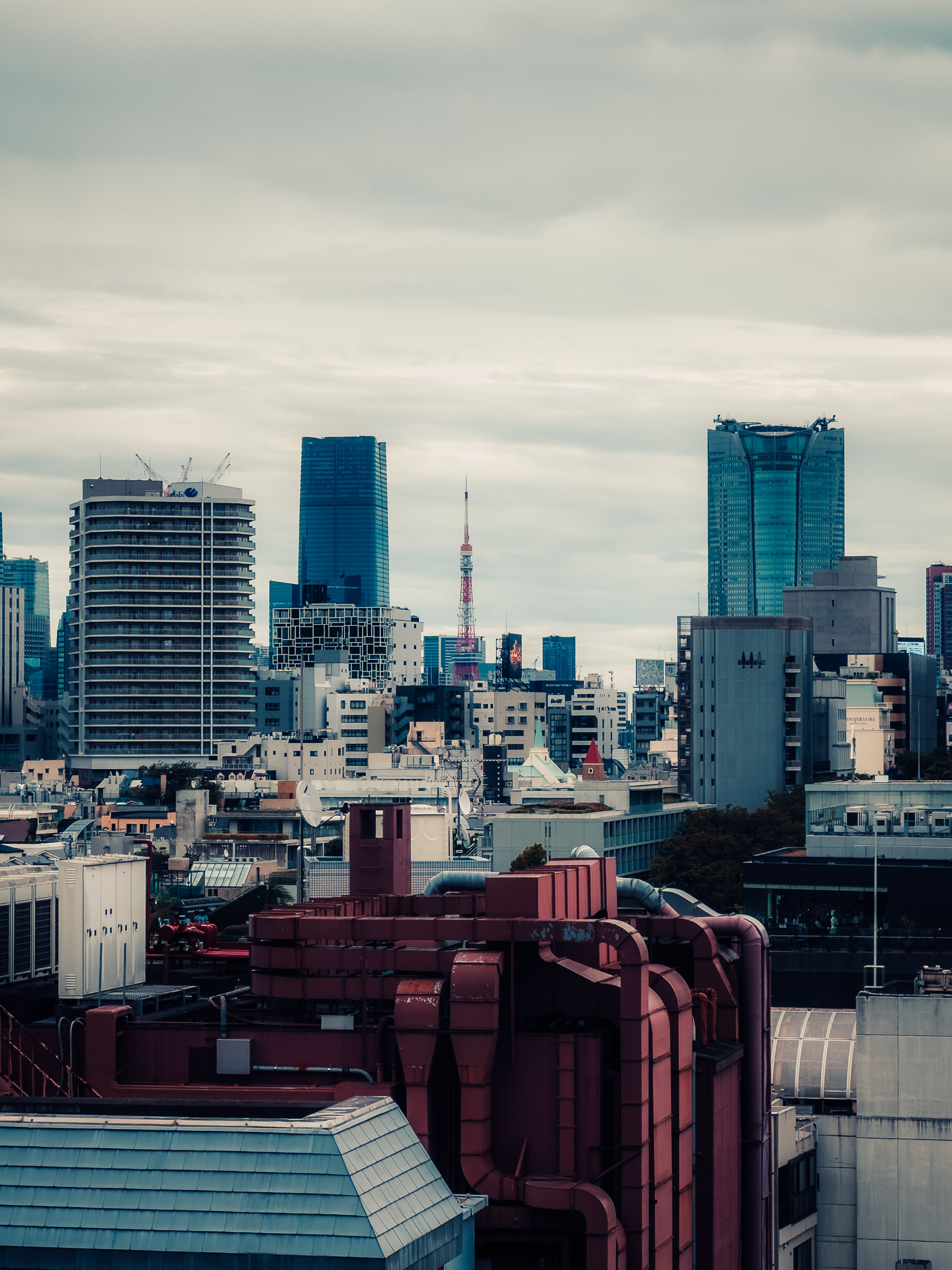 Stunning view of Tokyo skyline with skyscrapers and iconic Tokyo Tower under a cloudy sky.