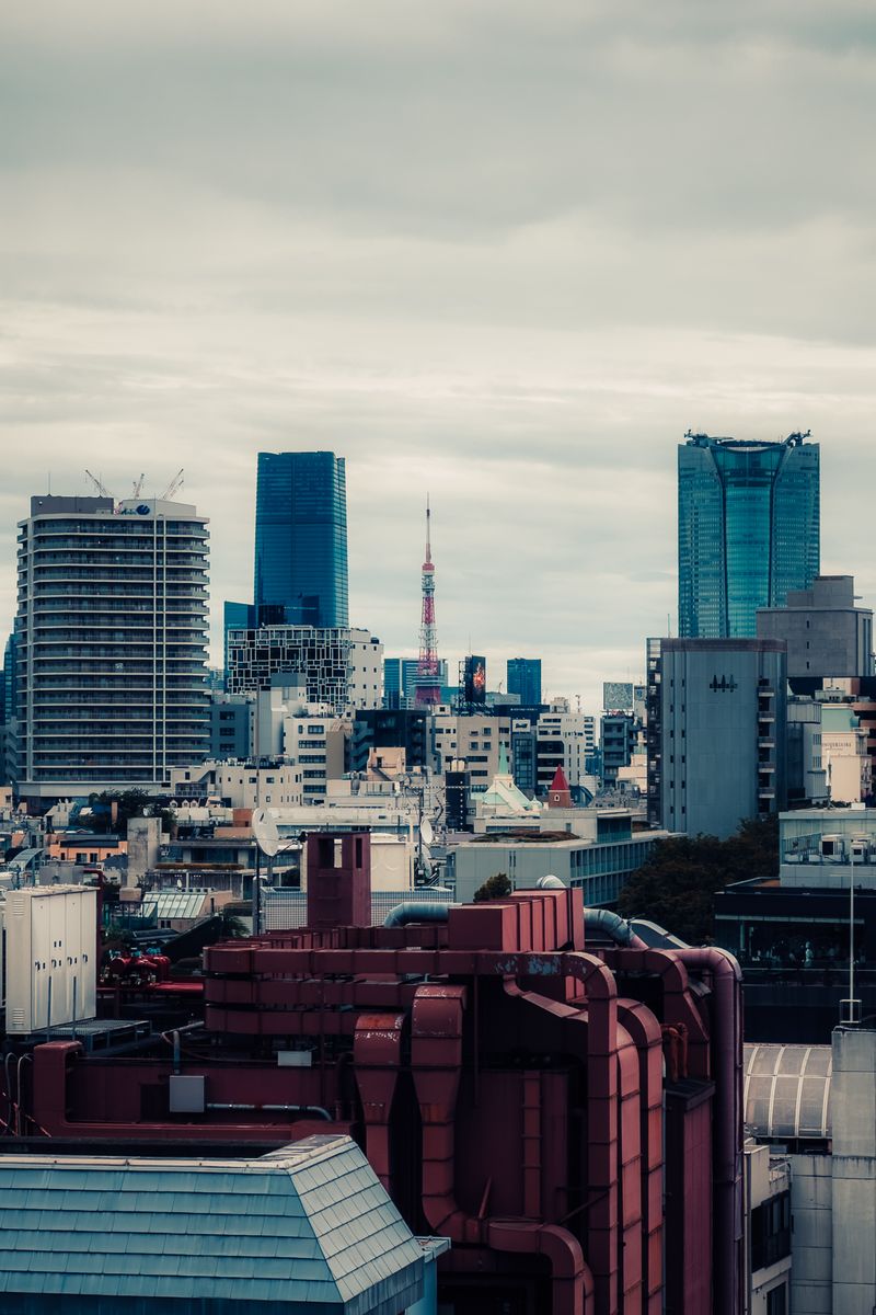 Stunning view of Tokyo skyline with skyscrapers and iconic Tokyo Tower under a cloudy sky.