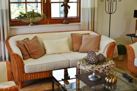 Elegant living room featuring a wicker sofa, cushions, and artistic decor pieces.