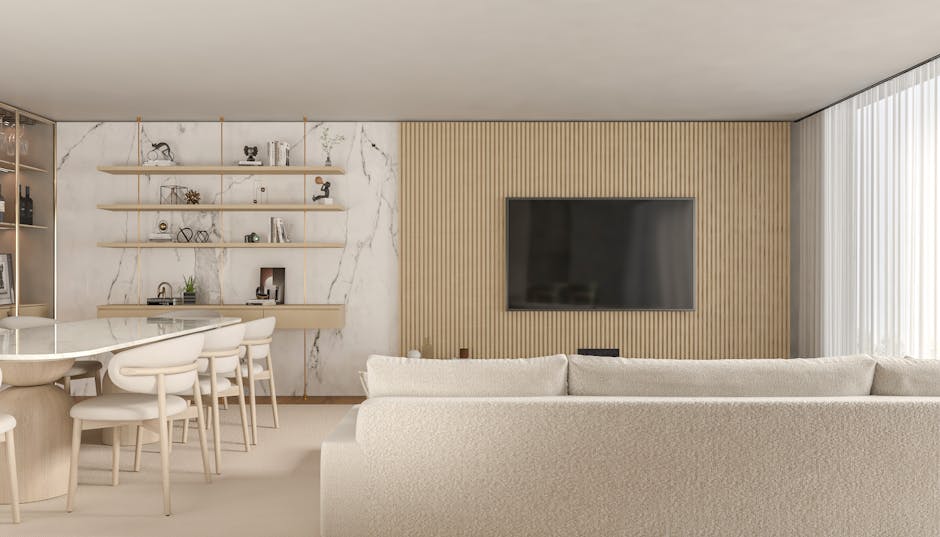 Modernes Wohnzimmer mit weißem, schwebendem Sideboard an Gipskartonwand, klare Linien und dezente Beleuchtung