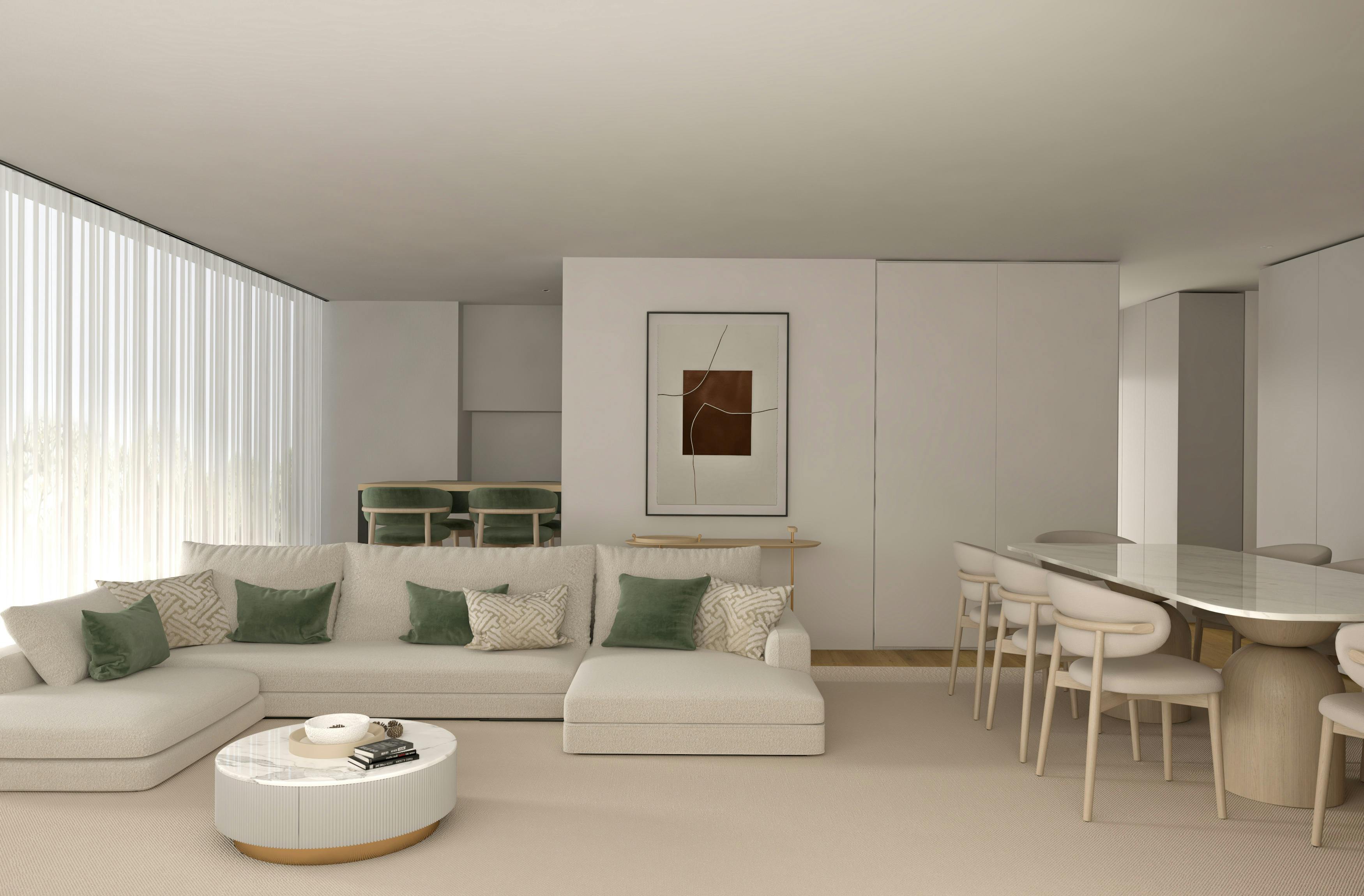 Altbau-Wohnzimmer mit geradem Sideboard, ausgerichtet auf schiefem Holzboden in warmen Beigetönen