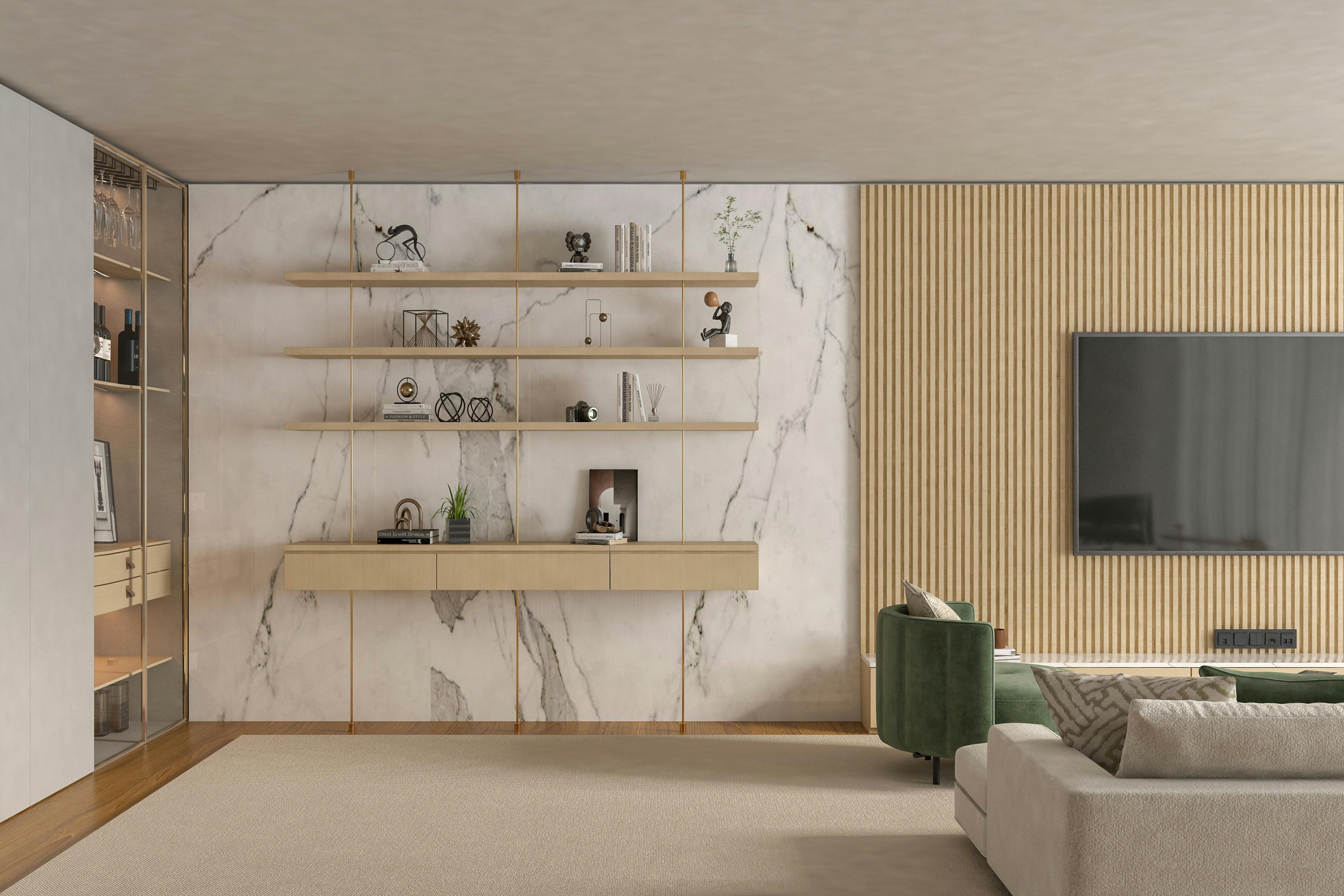 Sleek minimalist living room with marble accents and contemporary furniture.