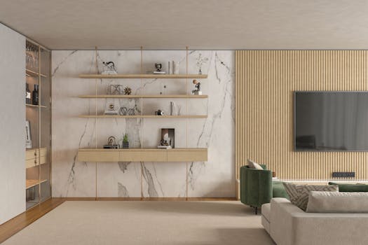 Sleek minimalist living room with marble accents and contemporary furniture.