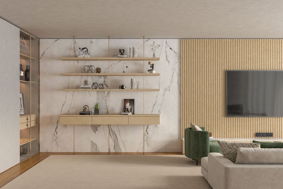 Sleek minimalist living room with marble accents and contemporary furniture.