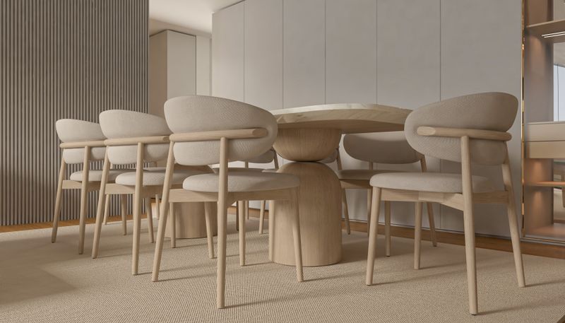 Miami dining room refresh with natural wood and contemporary art