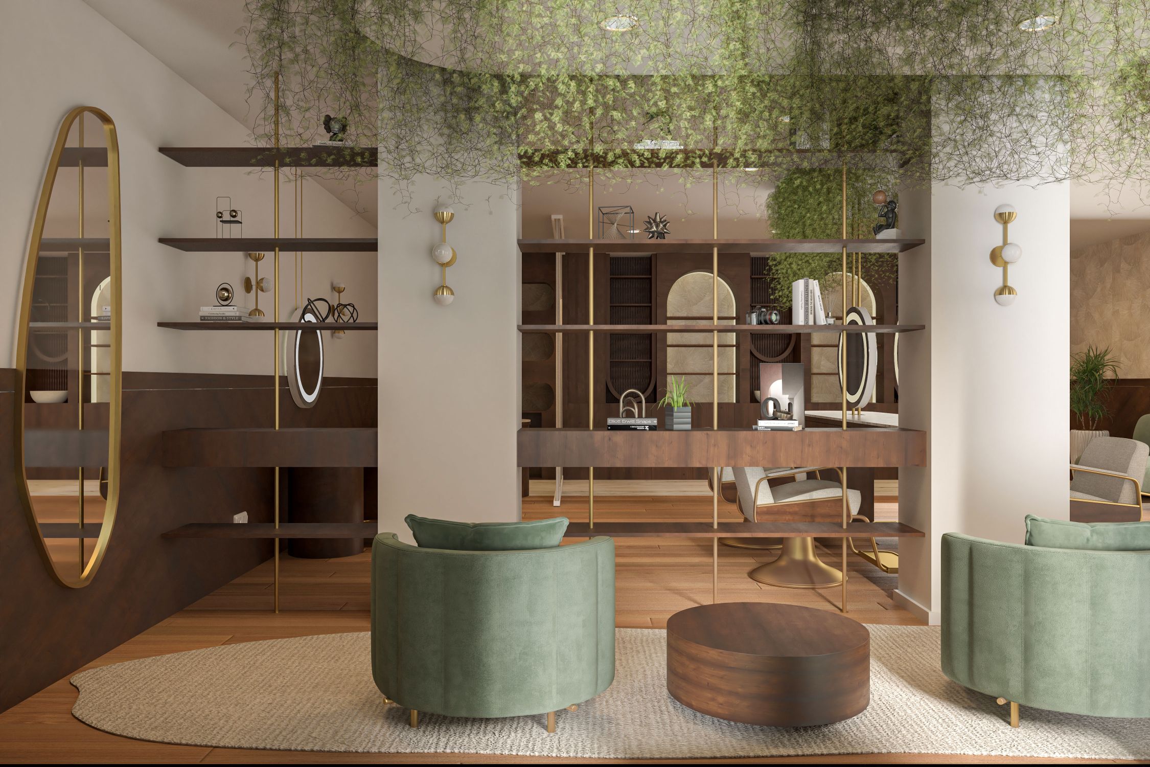 Elegant modern interior space with chic furniture and green decor elements.