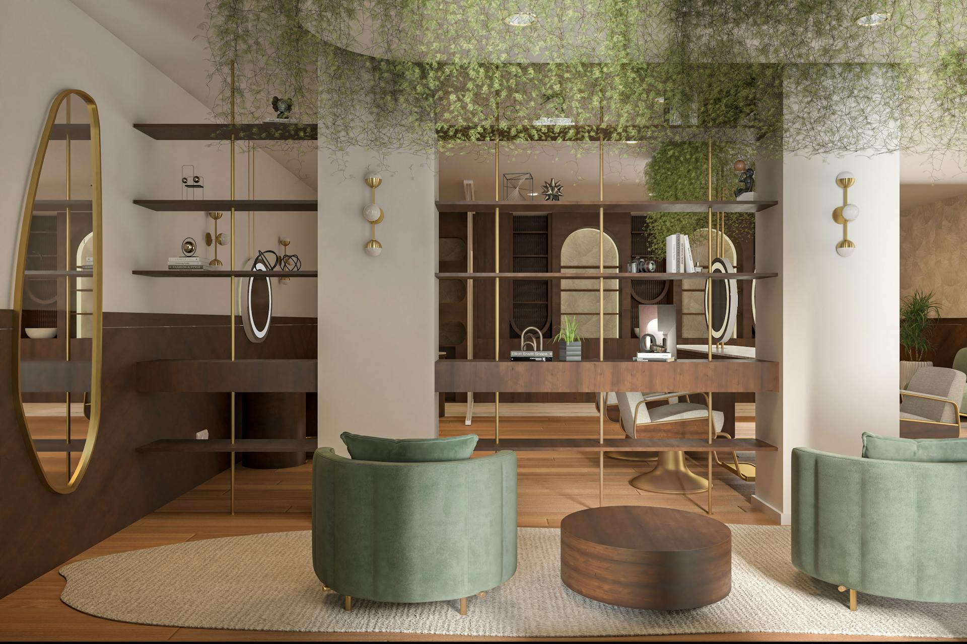 Elegant modern interior space with chic furniture and green decor elements.