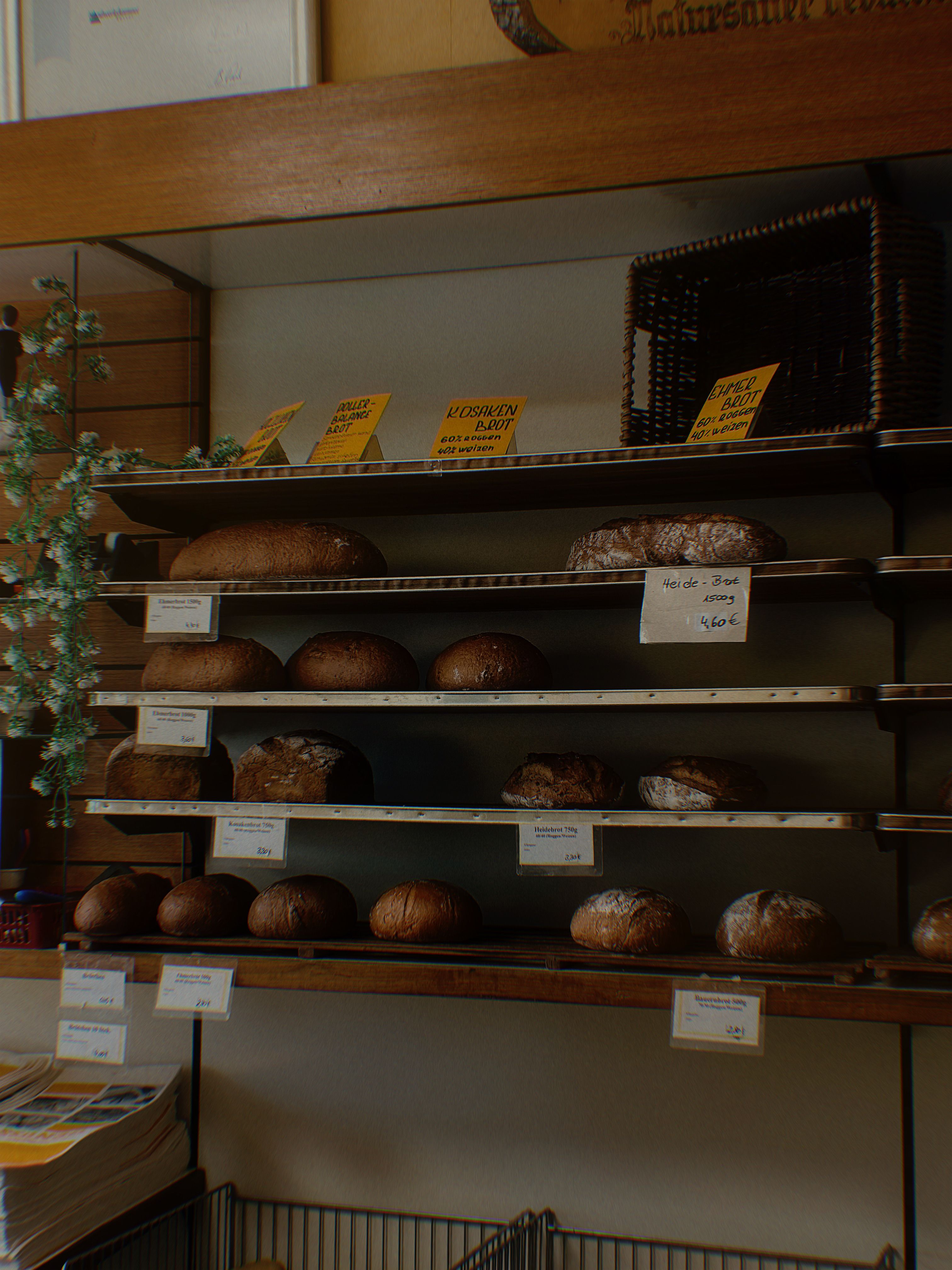 A variety of freshly baked bread displayed on rustic shelves in a cozy bakery.