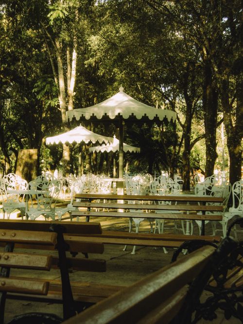 Free Peaceful garden scene with benches and tables under shaded trees. Stock Photo