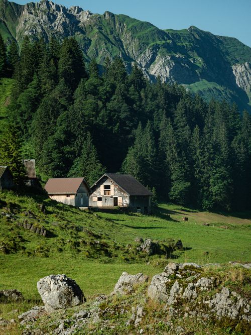 Free Charming mountain cabins nestled in a verdant valley against a backdrop of towering peaks. Stock Photo