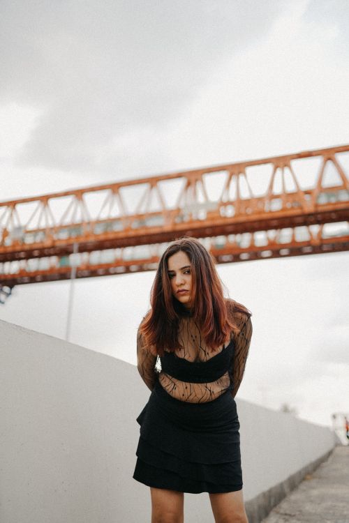 A woman in a black dress standing next to a bridge · Free Stock Photo