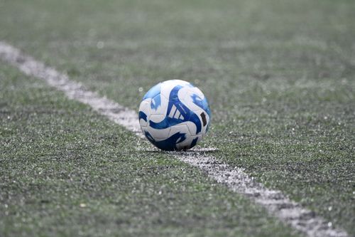 Free Close-up of a blue and white soccer ball resting on a lined green turf field. Stock Photo