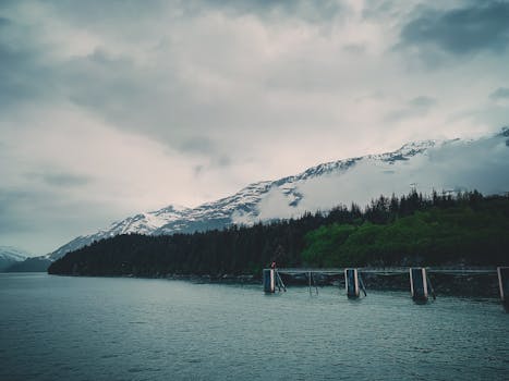 A serene landscape with snow-capped mountains and calm waters under a cloudy sky