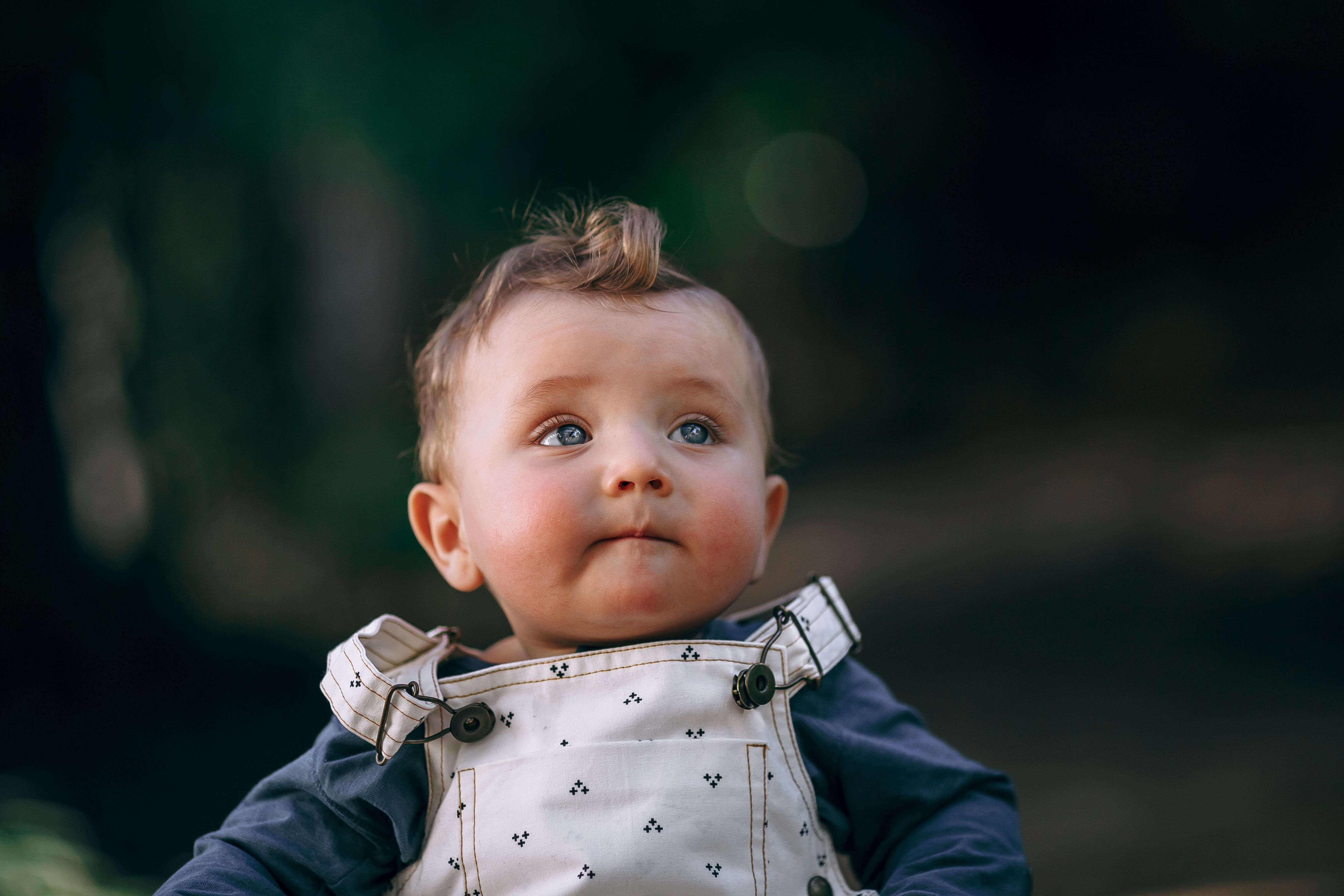 Charming portrait of an adorable baby boy in overalls outdoors.