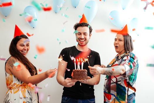 Group of adults celebrating a birthday indoors with cake and confetti, expressing joy and fun.