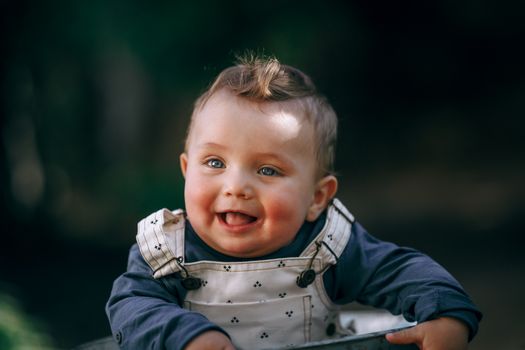 A cheerful baby smiling outdoors, captured in soft fall lighting.