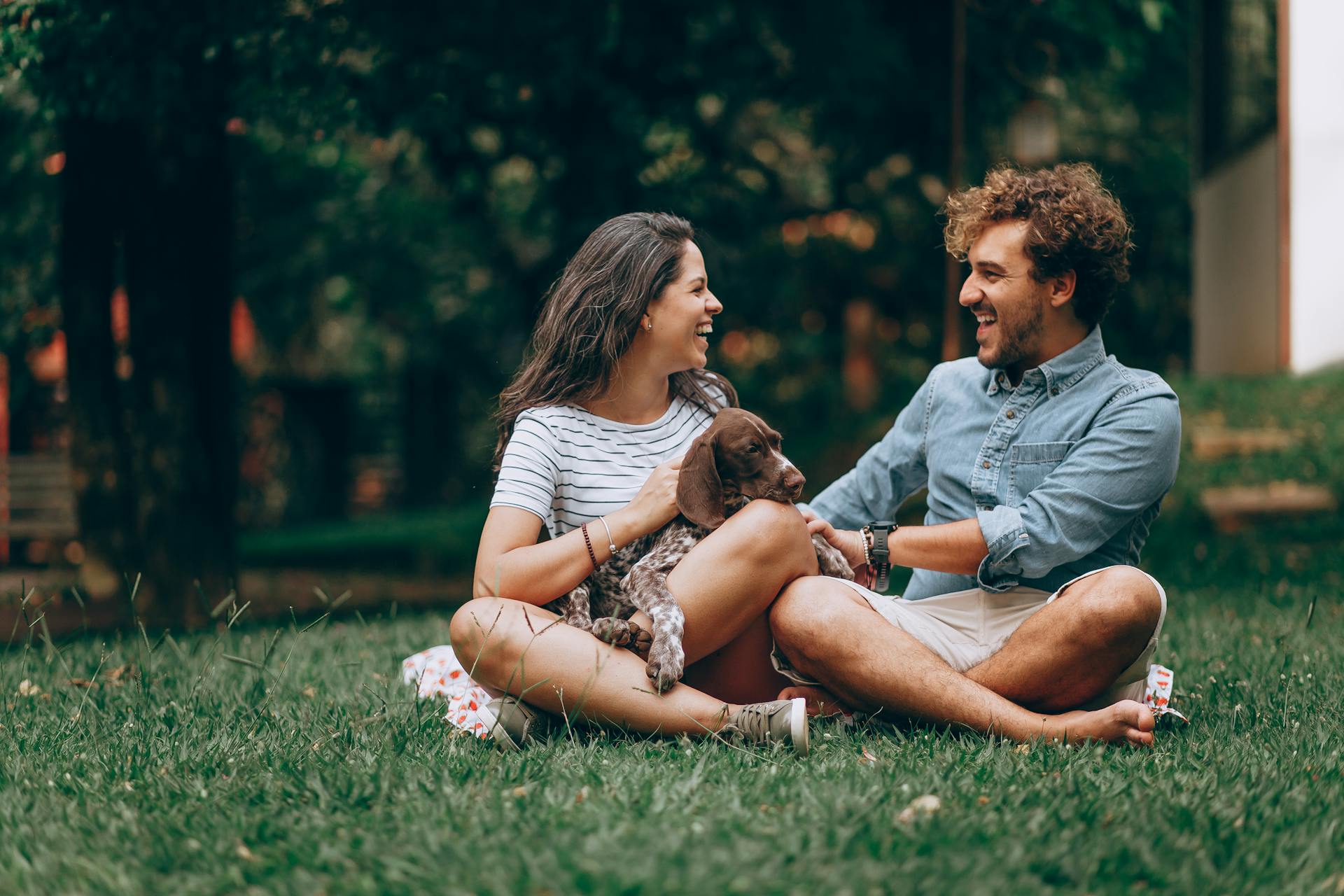 Laughing Couple Sitting with Dog at Park