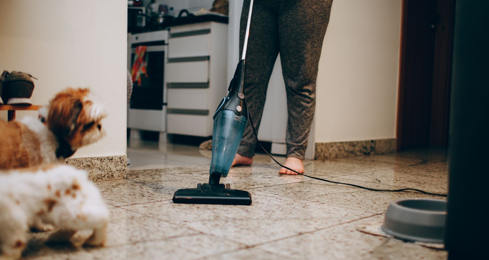 Person vacuuming a tile floor at home while a small dog watches