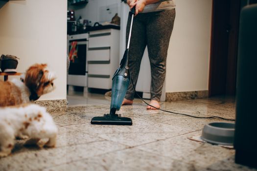A woman cleaning the floor with a vacuum cleaner while a dog watches attentively. Indoor home setting.