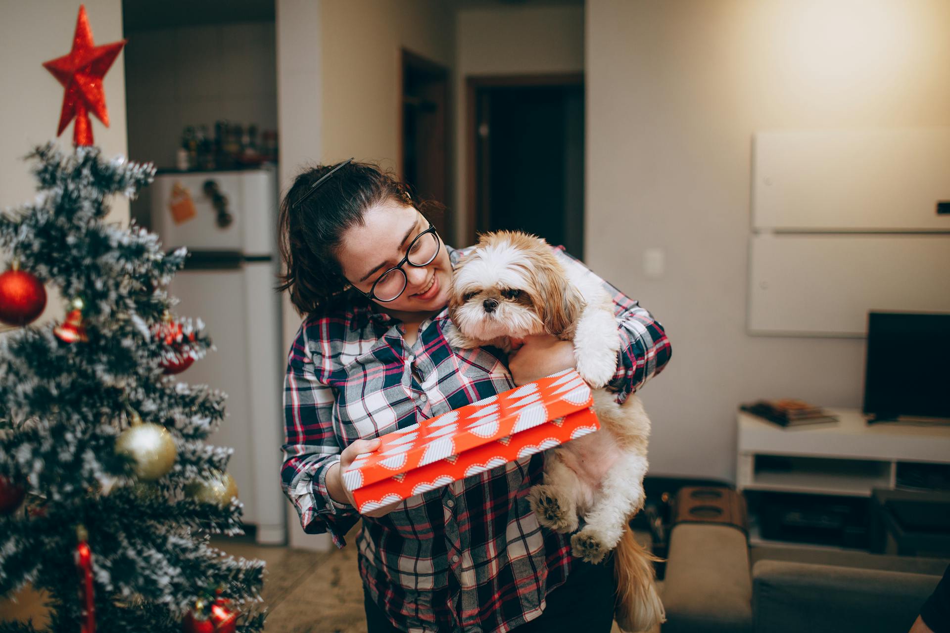 A woman holding a dog in front of a christmas tree