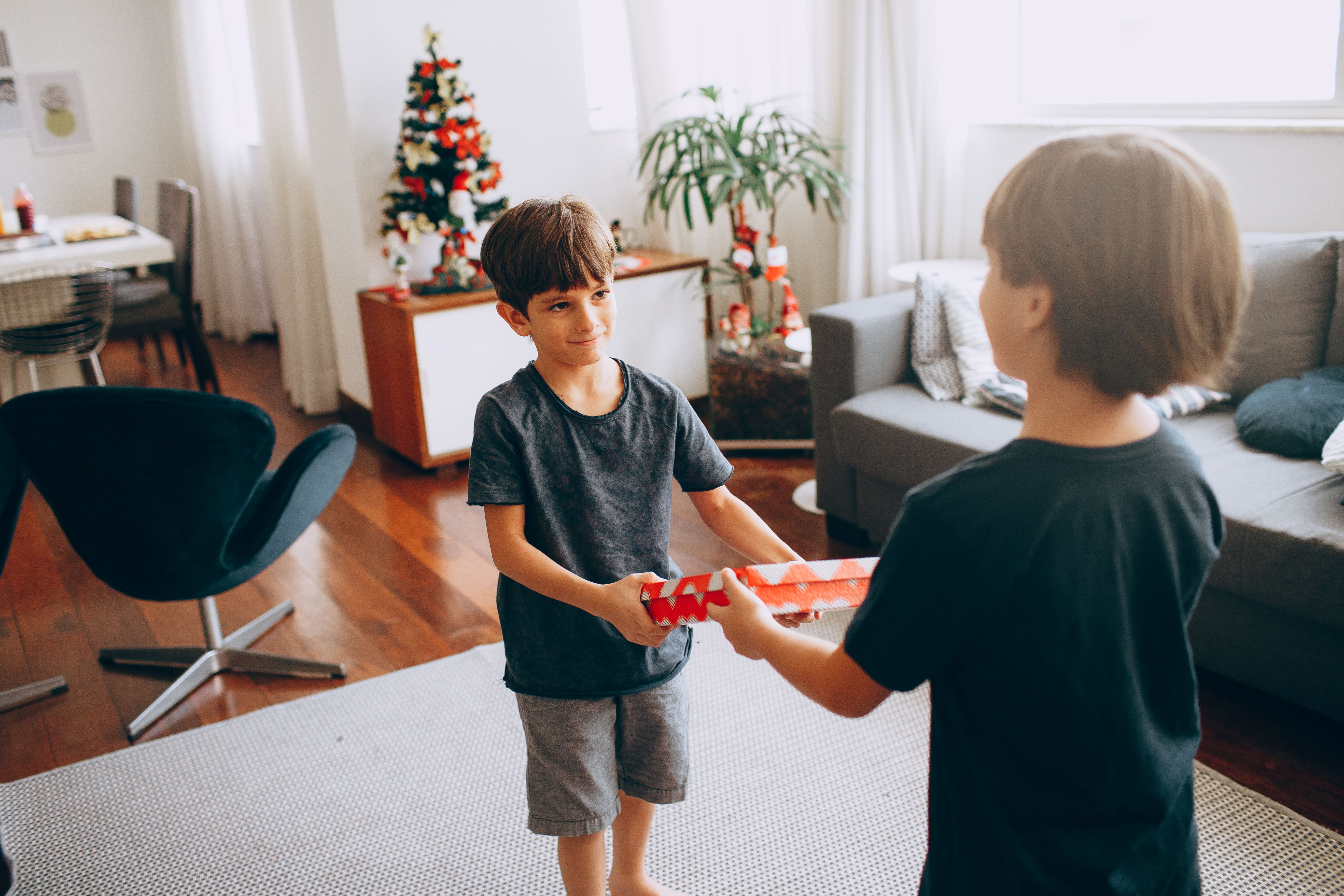 Two boys share a gift in a festive living room with Christmas decor.