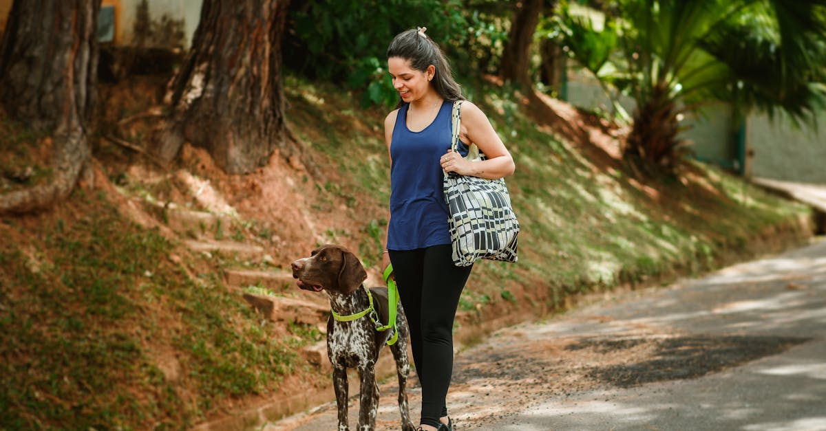A woman walking her dog on a path