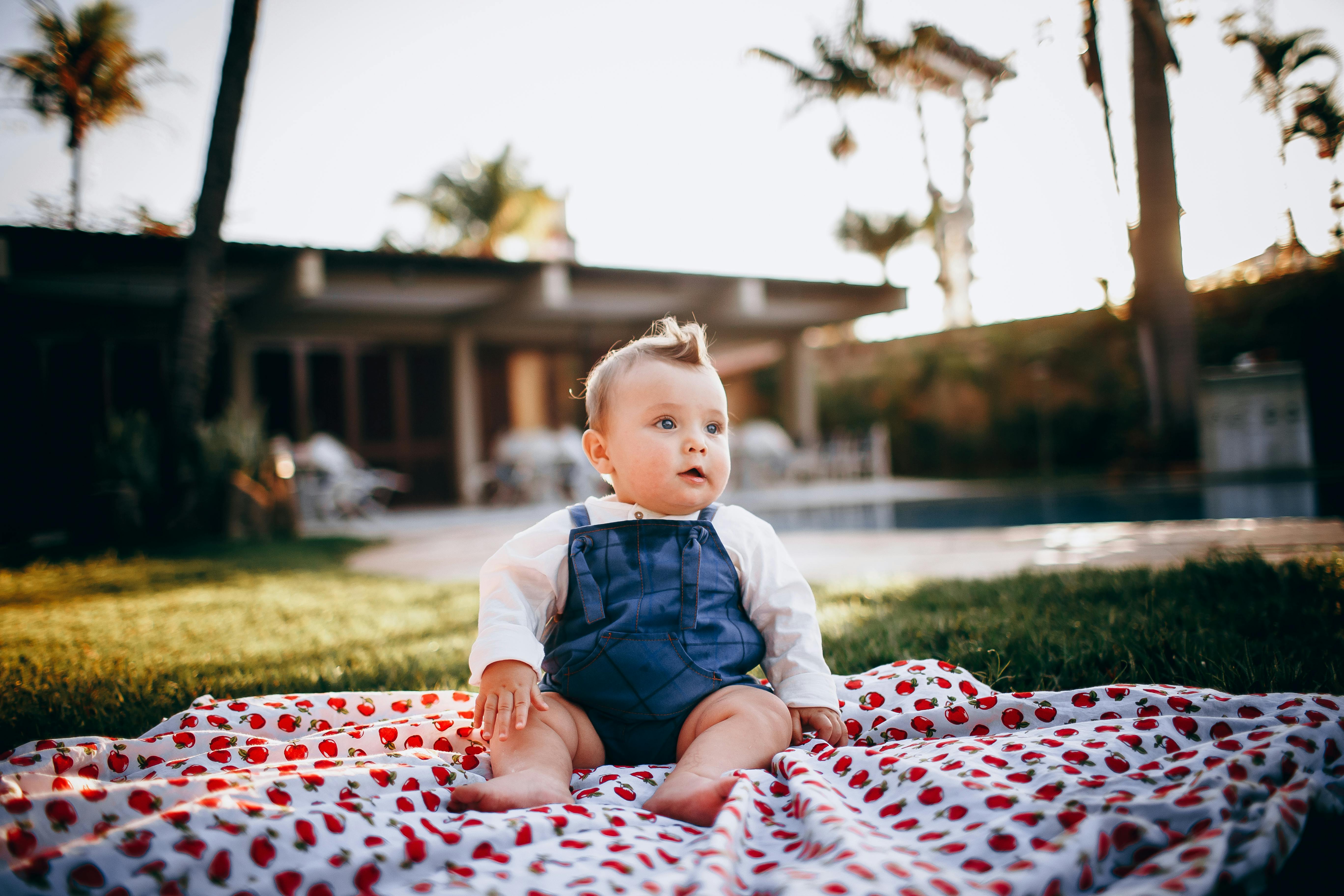 baby sitting on blanket in garden