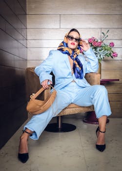 Elegant woman in a chic blue suit and headscarf sitting indoors with sunglasses.