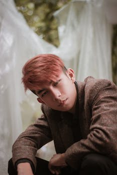 一位年轻人在模糊的户外背景下穿着西装外套的肖像