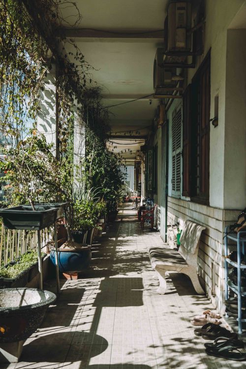 Free Beautifully decorated balcony in Ho Chi Minh City with natural lighting and plants. Stock Photo