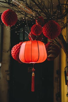 Bright red lanterns hanging outdoors in Ho Chi Minh City, Vietnam capture the festive atmosphere.