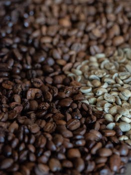 Detailed image of coffee beans in different roasting stages, highlighting texture and color distinctions.