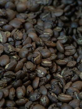 Detailed close-up of aromatic, freshly roasted coffee beans showcasing texture and rich color.