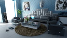 现代客厅配有充满活力的几何壁纸、时尚家具和艺术装饰