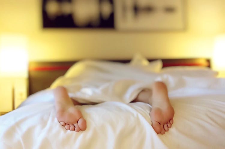 Person Lying On Bed Covering White Blanket