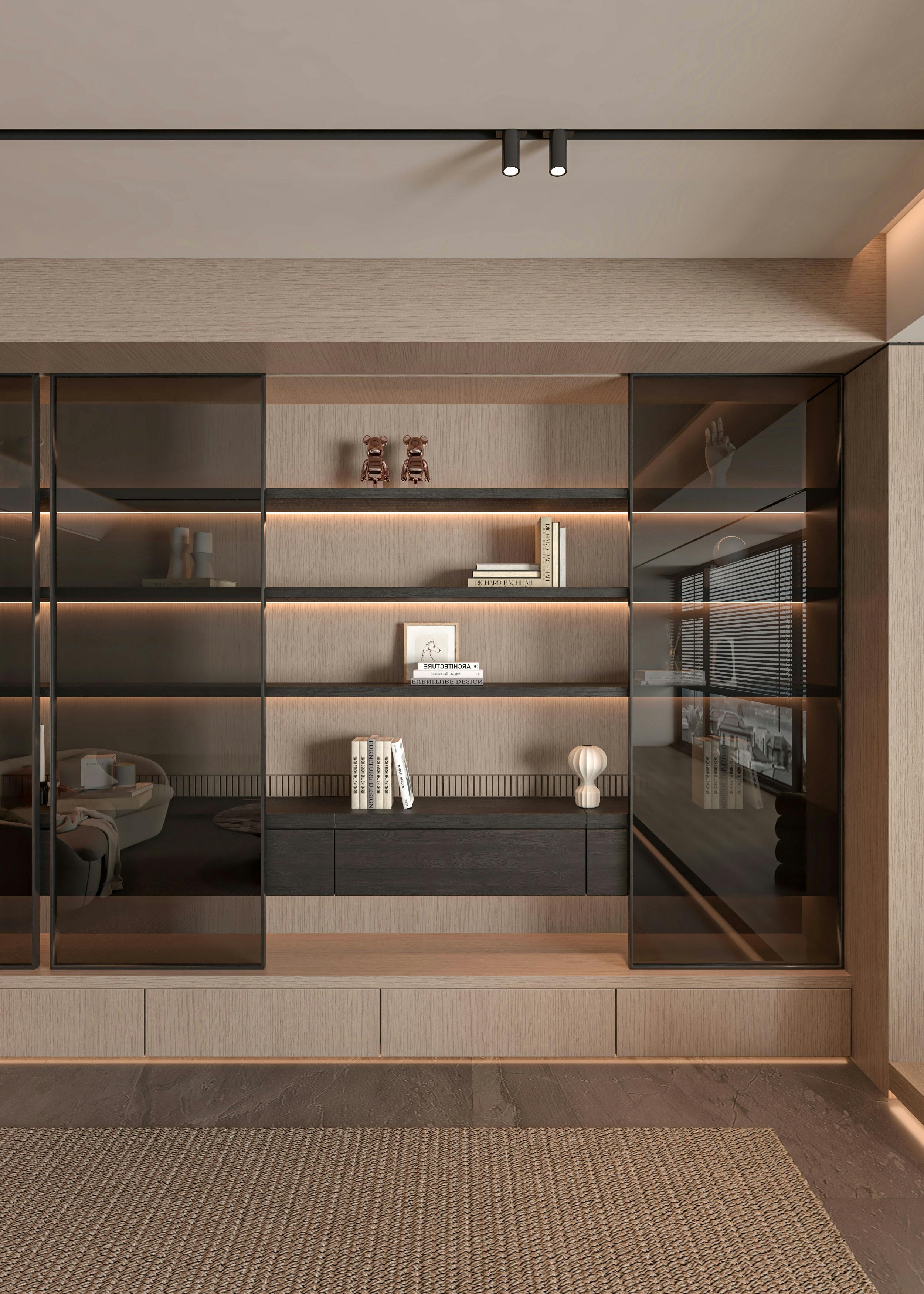 A modern living room with a glass wall and shelves