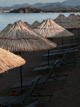 Peaceful beach scene with straw umbrellas and lounge chairs in Fethiye, Türkiye.