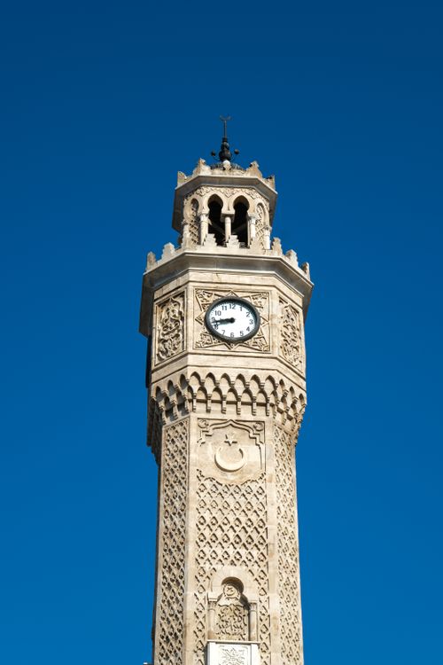 Free Stunning view of the İzmir Clock Tower with intricate architectural details against a perfect blue sky. Stock Photo