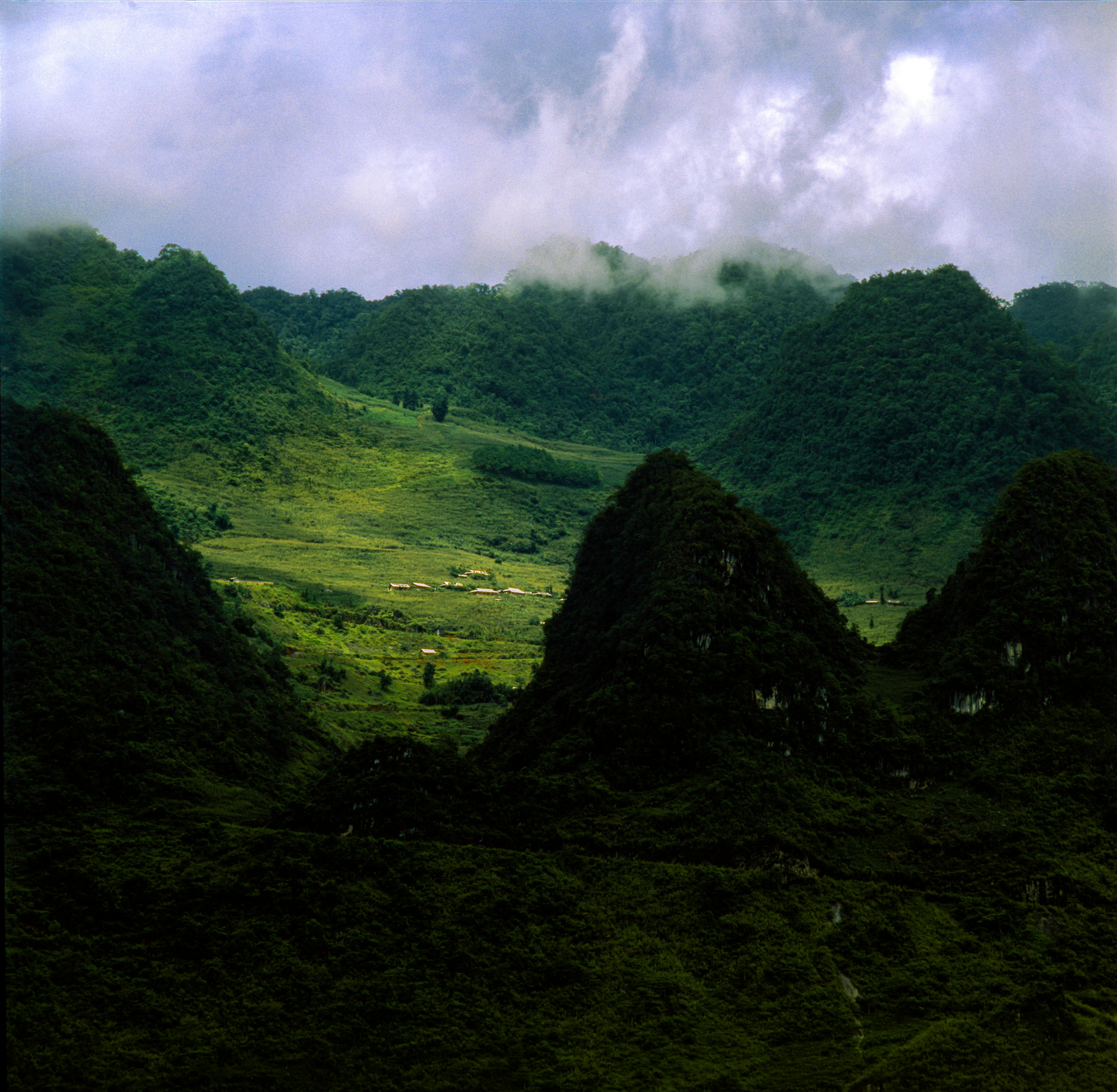 a green valley with mountains in the background