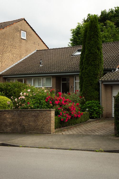 Free Cozy suburban brick house with vibrant garden and driveway. Stock Photo