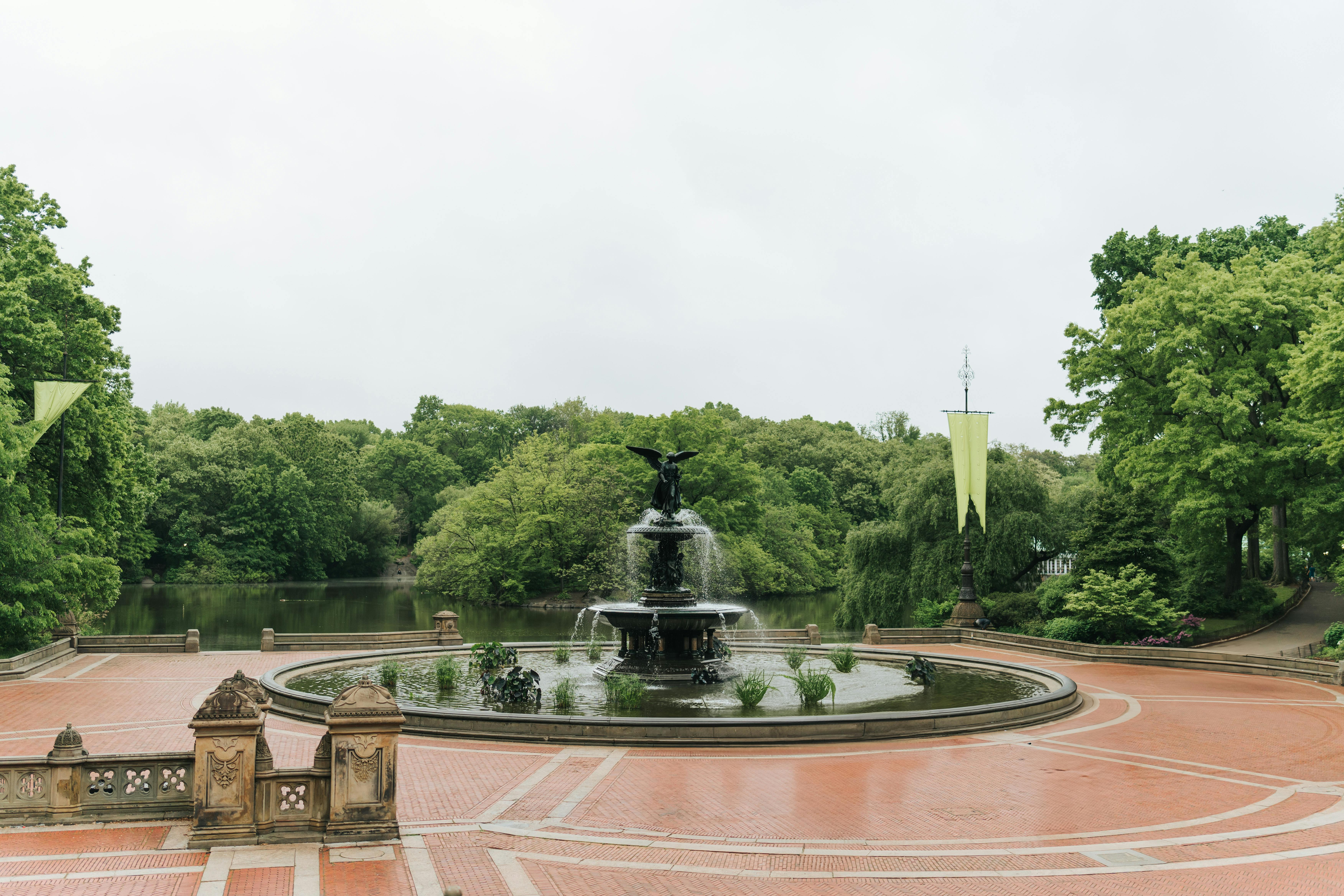 a fountain in a park surrounded by trees