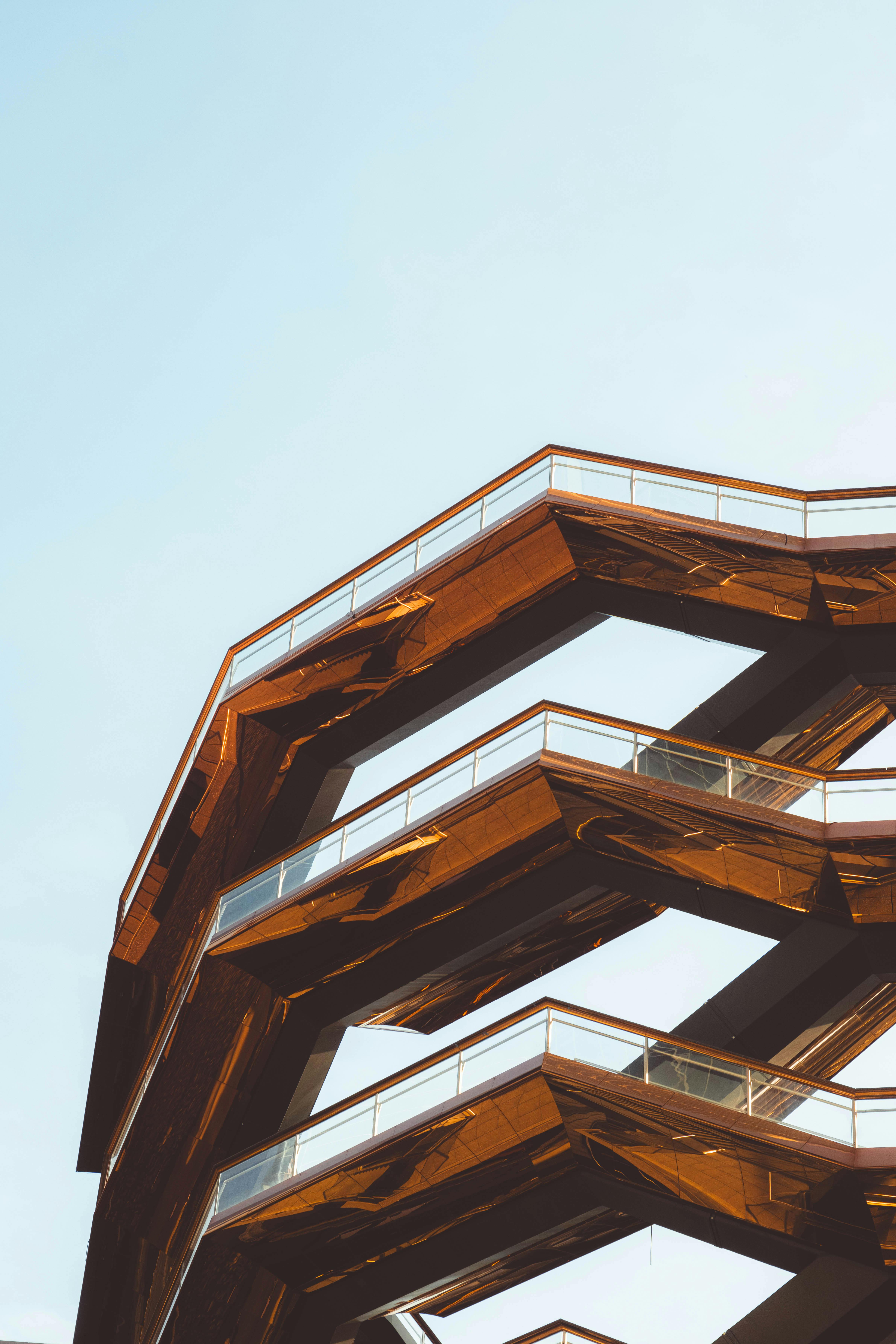 Unique architectural details of modern structure in New York City shot in daylight.