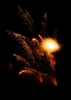 Vivid fireworks explosion in the night sky, capturing a moment of celebration and brightness.