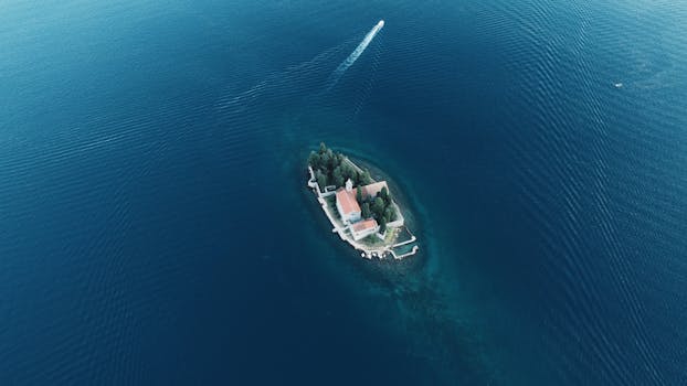 Stunning aerial view of Saint George Island in Kotor Bay, Montenegro with blue waters.