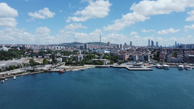 Stunning aerial view of Kadıköy waterfront with cityscape and boats in Istanbul, Türkiye.