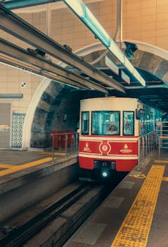 Vintage tram arrives at Istanbul's historic Tünel station, showcasing urban transportation.