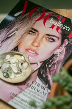 Close-up of a fashion magazine featuring a model and jewelry arrangement.